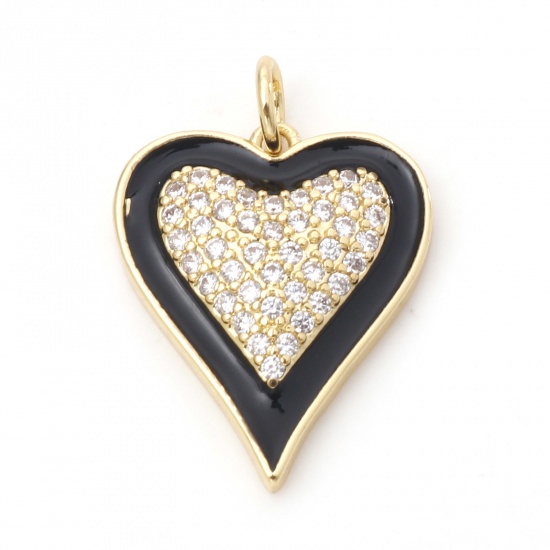 Picture of Brass Valentine's Day Charms 18K Real Gold Plated Black Heart Micro Pave Clear Cubic Zirconia 23mm x 17mm, 1 Piece