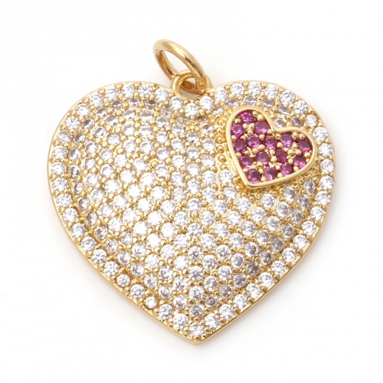 Immagine di Ottone San Valentino Charms Cuore 18K Oro riempito Micro Spianare Trasparente & Rosso Cubic Zirconiae 24mm x 21mm, 1 Pz