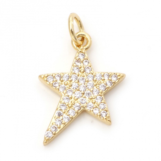 Picture of Brass Galaxy Charms 18K Real Gold Plated Pentagram Star Micro Pave Clear Cubic Zirconia 22mm x 13mm, 1 Piece