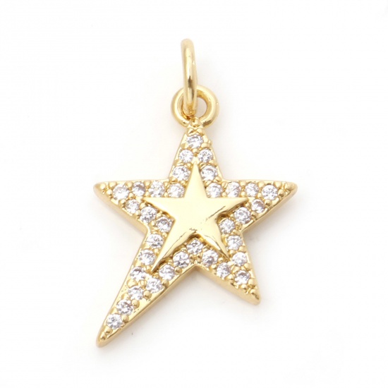 Picture of Brass Galaxy Charms 18K Real Gold Plated Pentagram Star Micro Pave Clear Cubic Zirconia 22mm x 13mm, 1 Piece