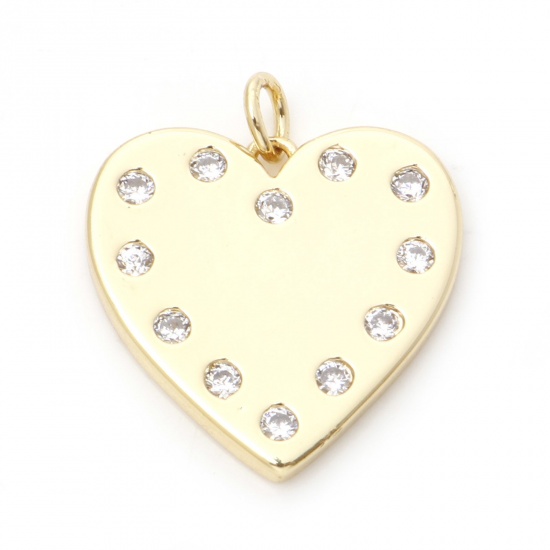 Picture of Brass Valentine's Day Charms 18K Real Gold Plated Heart Micro Pave Clear Cubic Zirconia 25mm x 22mm, 1 Piece