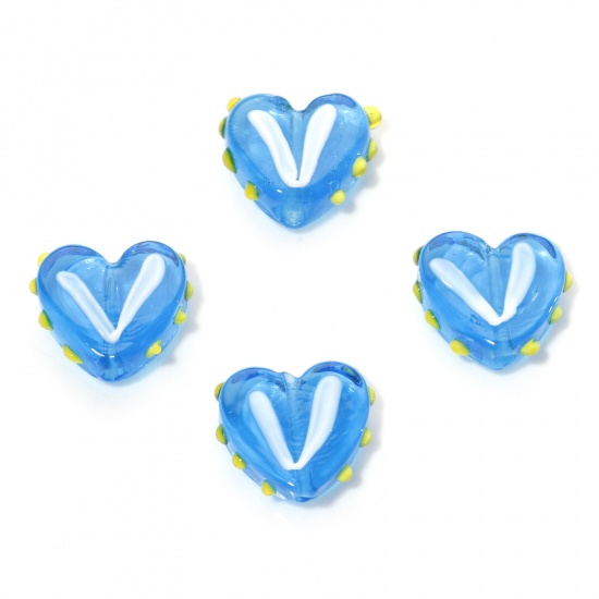 Picture of Lampwork Glass Valentine's Day Beads Heart Blue Dot About 17mm x 15mm, Hole: Approx 1.5mm, 5 PCs