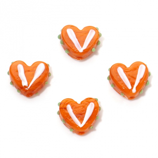 Picture of Lampwork Glass Valentine's Day Beads Heart Orange Dot About 17mm x 15mm, Hole: Approx 1.5mm, 5 PCs