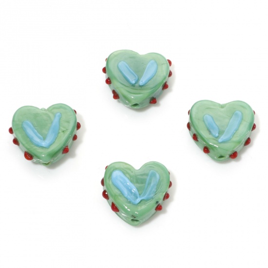 Picture of Lampwork Glass Valentine's Day Beads Heart Green Dot About 17mm x 15mm, Hole: Approx 1.5mm, 5 PCs