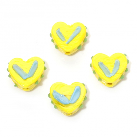 Picture of Lampwork Glass Valentine's Day Beads Heart Yellow Dot About 17mm x 15mm, Hole: Approx 1.5mm, 5 PCs