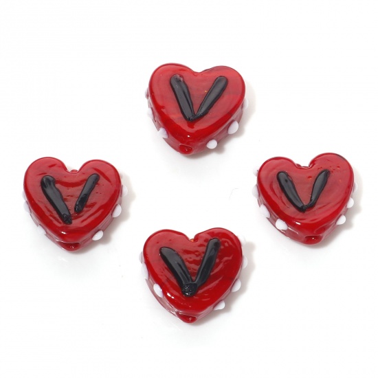 Picture of Lampwork Glass Valentine's Day Beads Heart Red Dot About 17mm x 15mm, Hole: Approx 1.5mm, 5 PCs