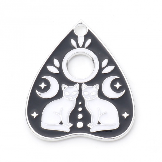 Picture of Zinc Based Alloy Halloween Charms Silver Tone Black & White Ouija Board Cat Enamel 26mm x 22mm, 10 PCs