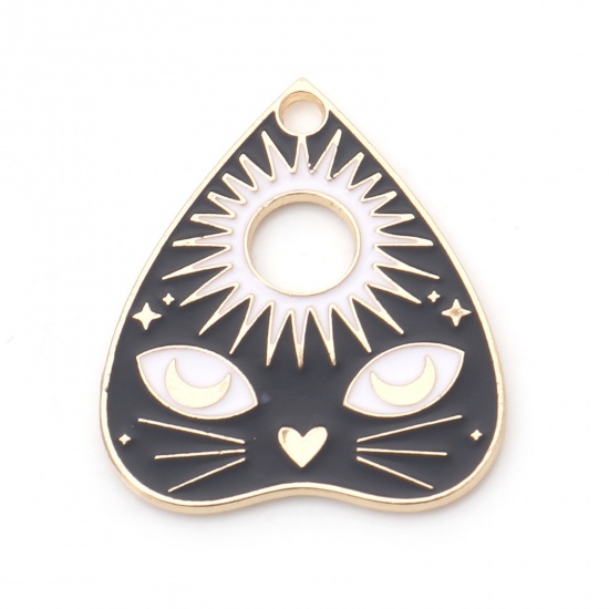 Picture of Zinc Based Alloy Halloween Charms Gold Plated Black & White Ouija Board Cat Enamel 26mm x 22mm, 10 PCs