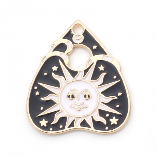 Picture of Zinc Based Alloy Halloween Charms Gold Plated Black & White Ouija Board Sun Enamel 26mm x 22mm, 10 PCs