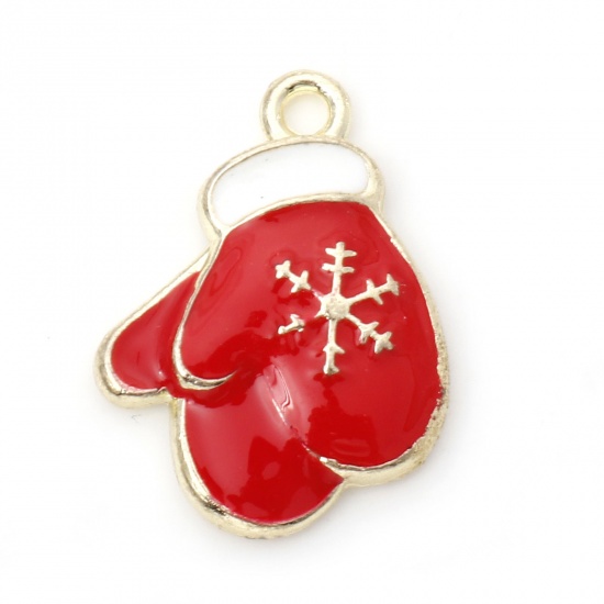 Picture of Zinc Based Alloy Charms Gold Plated Red Christmas Gloves Snowflake Enamel 21mm x 15mm, 10 PCs