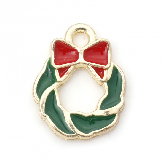 Picture of Zinc Based Alloy Charms Gold Plated Red & Green Christmas Wreath Bowknot Enamel 15mm x 12mm, 10 PCs