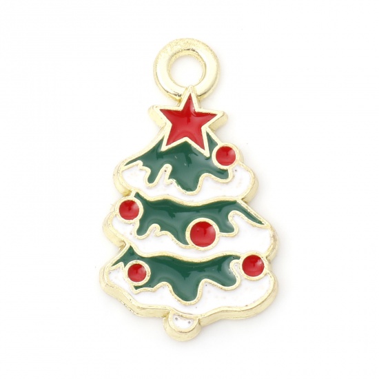 Picture of Zinc Based Alloy Charms Gold Plated Red & Green Christmas Tree Pentagram Star Enamel 26mm x 15mm, 10 PCs