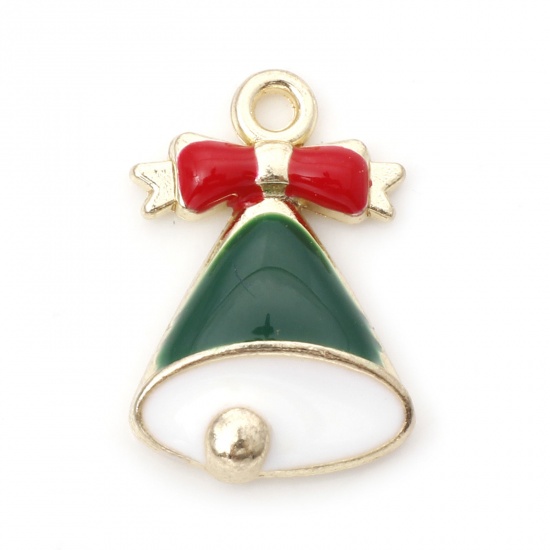 Picture of Zinc Based Alloy Charms Gold Plated Red & Green Christmas Jingle Bell Enamel 19mm x 12mm, 10 PCs