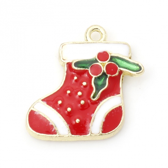 Picture of Zinc Based Alloy Charms Gold Plated Red & Green Christmas Stocking Christmas Holly Leaf Enamel 17mm x 17mm, 10 PCs