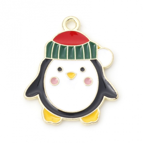 Picture of Zinc Based Alloy Charms Gold Plated Multicolor Penguin Animal Christmas Hats Enamel 22mm x 19mm, 10 PCs