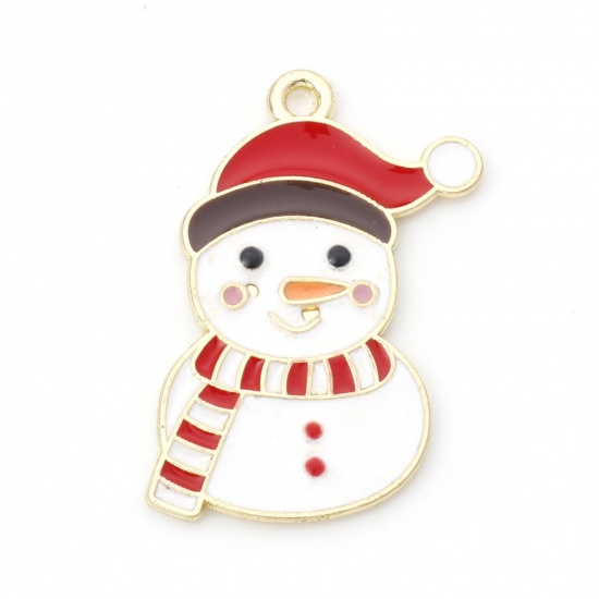 Picture of Zinc Based Alloy Charms Gold Plated White & Red Christmas Snowman Enamel 26mm x 19mm, 10 PCs