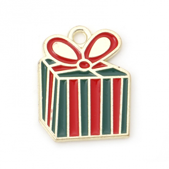 Picture of Zinc Based Alloy Charms Gold Plated Red & Green Christmas Gift Box Enamel 19mm x 15mm, 10 PCs