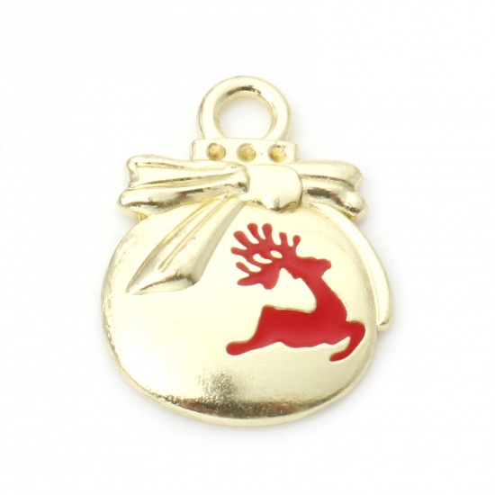 Picture of Zinc Based Alloy Charms Gold Plated Red Christmas Reindeer Christmas Baubles Enamel 21mm x 16mm, 10 PCs
