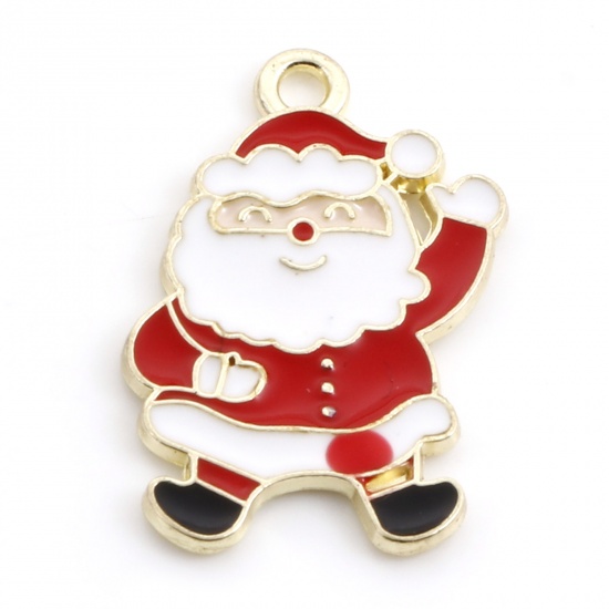 Picture of Zinc Based Alloy Charms Gold Plated White & Red Christmas Santa Claus Enamel 23mm x 15mm, 10 PCs