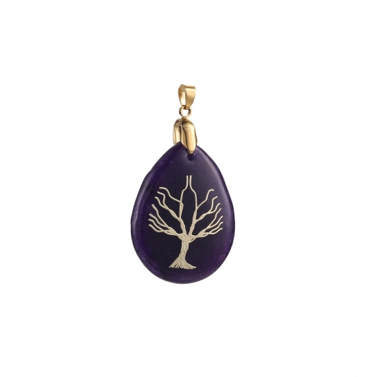 Picture of 304 Stainless Steel Pendants 18K Gold Plated Purple Drop Tree of Life 40mm x 30mm, 1 Piece