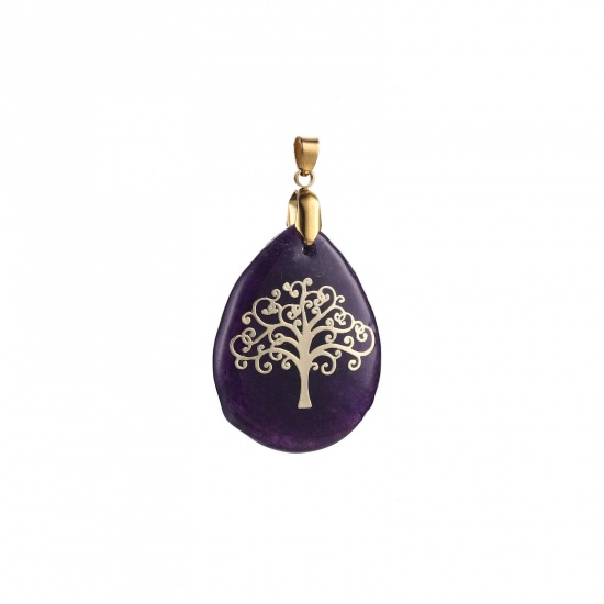 Picture of 304 Stainless Steel Pendants 18K Gold Plated Purple Drop Tree of Life 40mm x 30mm, 1 Piece