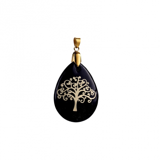 Picture of 304 Stainless Steel Pendants 18K Gold Plated Black Drop Tree of Life 40mm x 30mm, 1 Piece