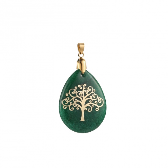 Picture of 304 Stainless Steel Pendants 18K Gold Plated Green Drop Tree of Life 40mm x 30mm, 1 Piece