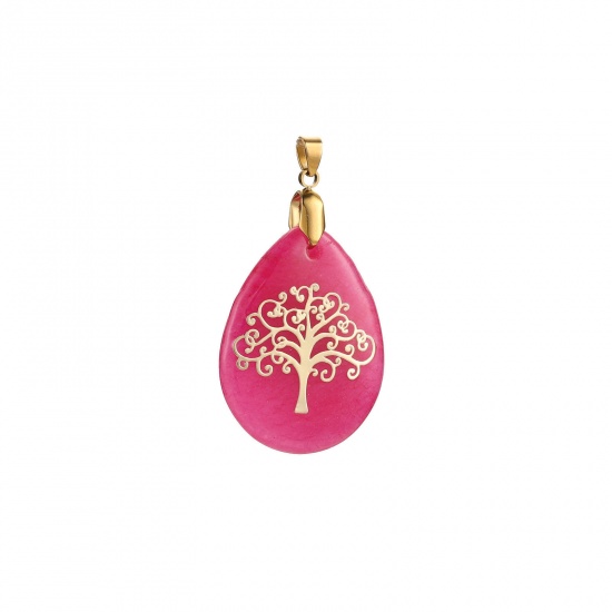 Picture of 304 Stainless Steel Pendants 18K Gold Plated Fuchsia Drop Tree of Life 40mm x 30mm, 1 Piece