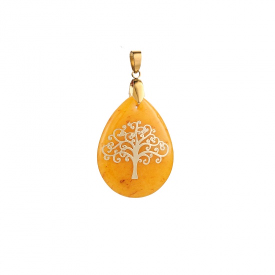 Picture of 304 Stainless Steel Pendants 18K Gold Plated Yellow Drop Tree of Life 40mm x 30mm, 1 Piece