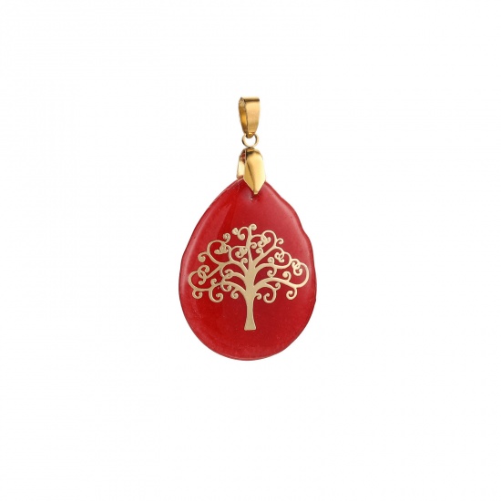 Picture of 304 Stainless Steel Pendants 18K Gold Plated Red Drop Tree of Life 40mm x 30mm, 1 Piece