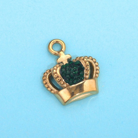 Immagine di 1 Pz 304 Acciaio Inossidabile Charms Corona Placcato Oro 18K Verde Strass 18mm x 16mm