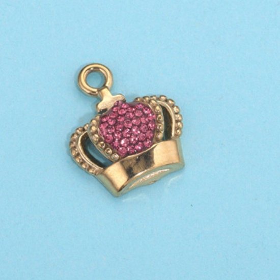 Immagine di 1 Pz 304 Acciaio Inossidabile Charms Corona Placcato Oro 18K Roso Strass 18mm x 16mm