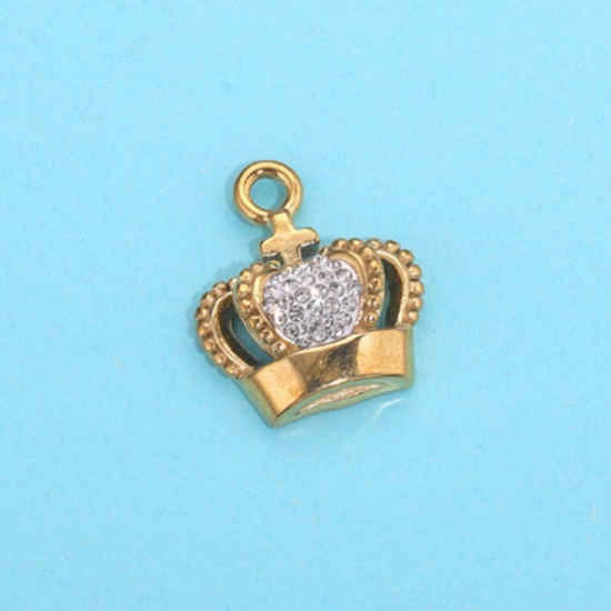 Immagine di 1 Pz 304 Acciaio Inossidabile Charms Corona Placcato Oro 18K Bianco Strass 18mm x 16mm