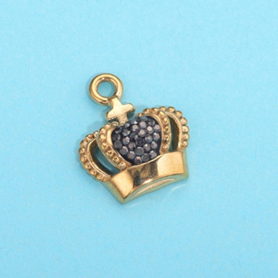 Immagine di 1 Pz 304 Acciaio Inossidabile Charms Corona Placcato Oro 18K Nero Strass 18mm x 16mm