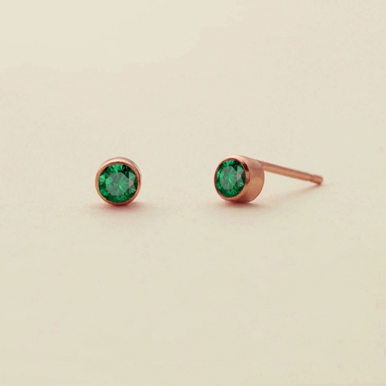 Image de Boucles d'Oreilles Puces en 316 Acier Inoxydable Pierres de Naissance Or Rose Rond mai à Strass Vert 4mm Dia., Epaisseur de Fil: (21 gauge), 1 Paire