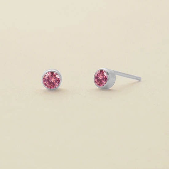 Image de Boucles d'Oreilles Puces en 316 Acier Inoxydable Pierres de Naissance Argent Mat Rond juillet à Strass Fuchsia 4mm Dia., Epaisseur de Fil: (21 gauge), 1 Paire