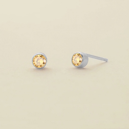 Image de Boucles d'Oreilles Puces en 316 Acier Inoxydable Pierres de Naissance Argent Mat Rond novembre à Strass Jaune Clair 4mm Dia., Epaisseur de Fil: (21 gauge), 1 Paire