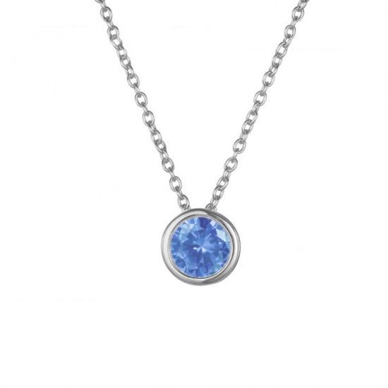 Bild von 316 Edelstahl Monatsstein Gliederkette Kette Halskette Silberfarbe Rund März Saphir Strass 38cm lang, 1 Strang