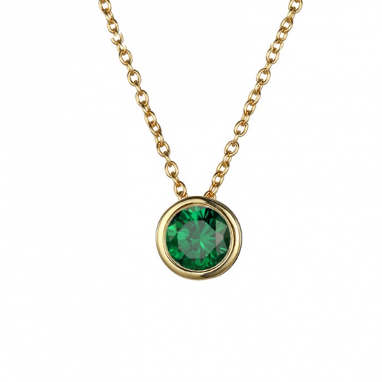 Bild von 316 Edelstahl Monatsstein Gliederkette Kette Halskette 14K echt Vergoldet Rund Mai Grün Strass 38cm lang, 1 Strang