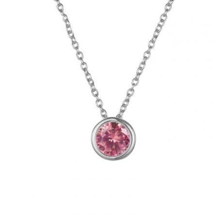 Picture of Wholesale Round Fuchsia Rhinestone July Birthstone Pendant Charm Necklace, Silver Tone 316 Stainless Steel Link Cable Chain, Women's Ins Style Minimalist Gift Jewelry For Retailer, 38cm(15") long, 1 Piece
