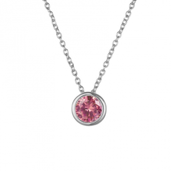 Bild von 316 Edelstahl Monatsstein Gliederkette Kette Halskette Silberfarbe Rund Juli Fuchsie Strass 38cm lang, 1 Strang
