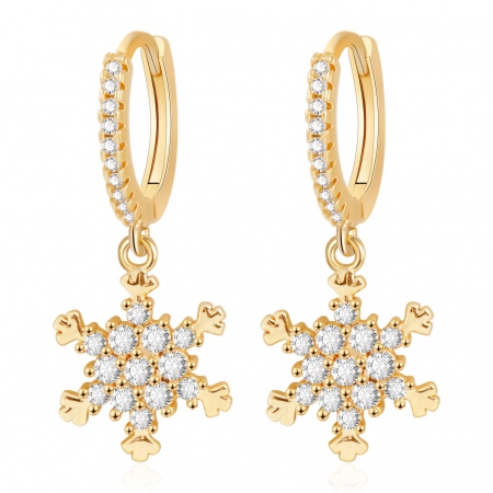 Imagen de Exquisito Elegante Pendientes de Aro Al Por Mayor, Copo de nieve Navidad Transparente Rhinestone 18K Oro Real Chapado Latón, Mujeres Respetuoso del Medio Ambiente Regalo Suministro de Joyería, 27mm x 11mm, 2 Unidades