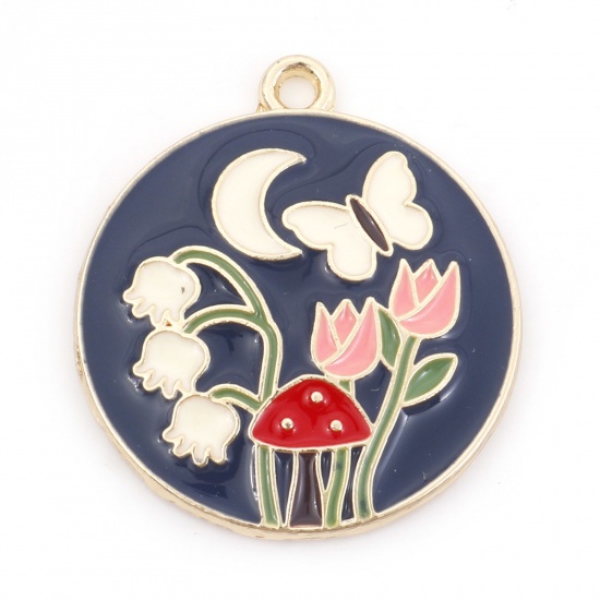 Picture of Zinc Based Alloy Charms Gold Plated Dark Gray Round Flower Lily Of The Valley Mushroom Butterfly Moon Enamel 28mm x 25mm, 10 PCs