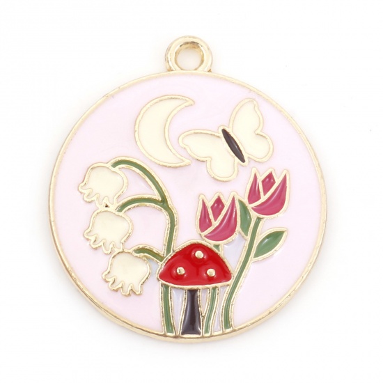 Picture of Zinc Based Alloy Charms Gold Plated Light Pink Round Flower Lily Of The Valley Mushroom Butterfly Moon Enamel 28mm x 25mm, 10 PCs