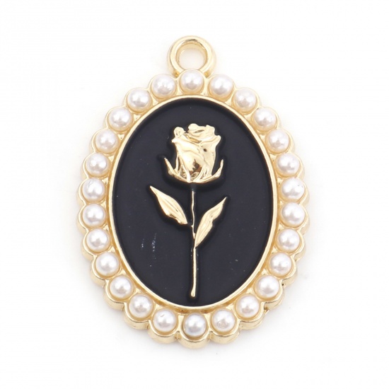 Immagine di Lega di Zinco San Valentino Charms Ovale Oro Placcato Nero Rosa Imitata Perla 28mm x 20mm , 10 Pz