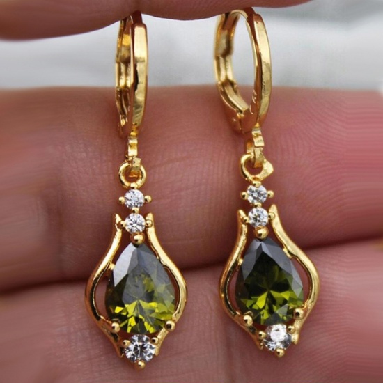 Picture of Brass Stylish Earrings Gold Plated Drop Green Cubic Zirconia 3.2cm x 0.9cm, 1 Pair                                                                                                                                                                            