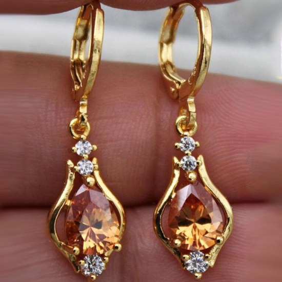 Picture of Brass Stylish Earrings Gold Plated Drop Champagne Cubic Zirconia 3.2cm x 0.9cm, 1 Pair                                                                                                                                                                        