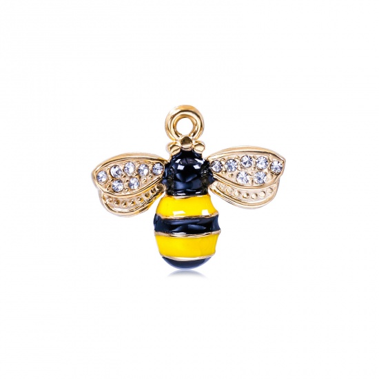 Picture of 304 Stainless Steel Charms Gold Plated Black & Yellow Bee Animal Enamel Clear Rhinestone 22mm x 18mm, 1 Piece