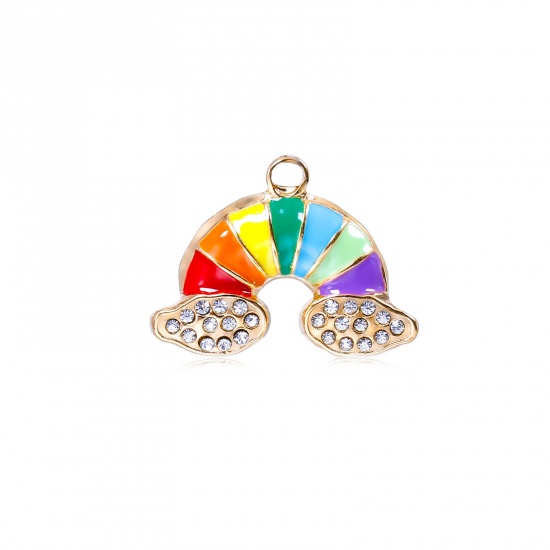 Picture of 304 Stainless Steel Charms Gold Plated Multicolor Rainbow Enamel Clear Rhinestone 20mm x 15mm, 1 Piece