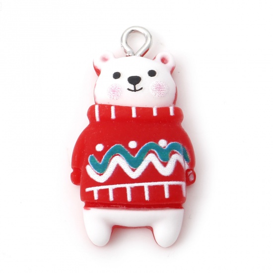 Imagen de Resina Navidad Colgantes Charms Oso Tono de Plata Rojo 29mm x 16mm, 10 Unidades